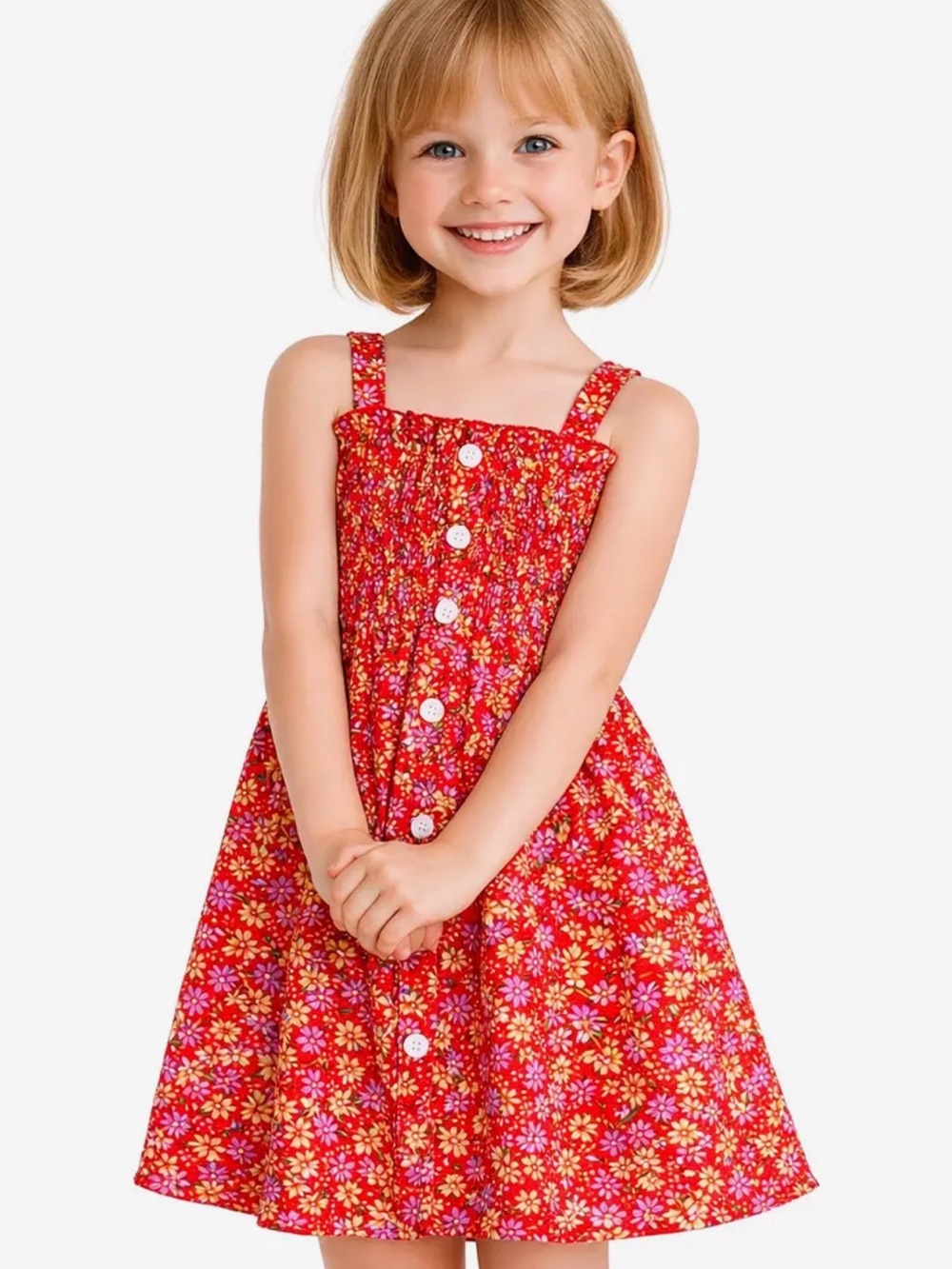 Cutie Patootie Girls Red coral purple Floral dress w/ Smocking & Button